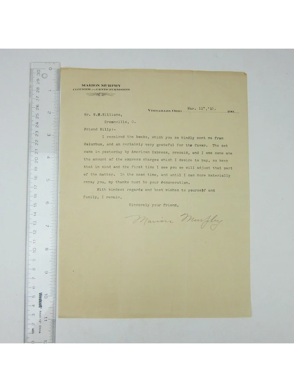 Letterhead Marion Murphy Clothier Versailles Ohio to W.H. Williams Antique 1910